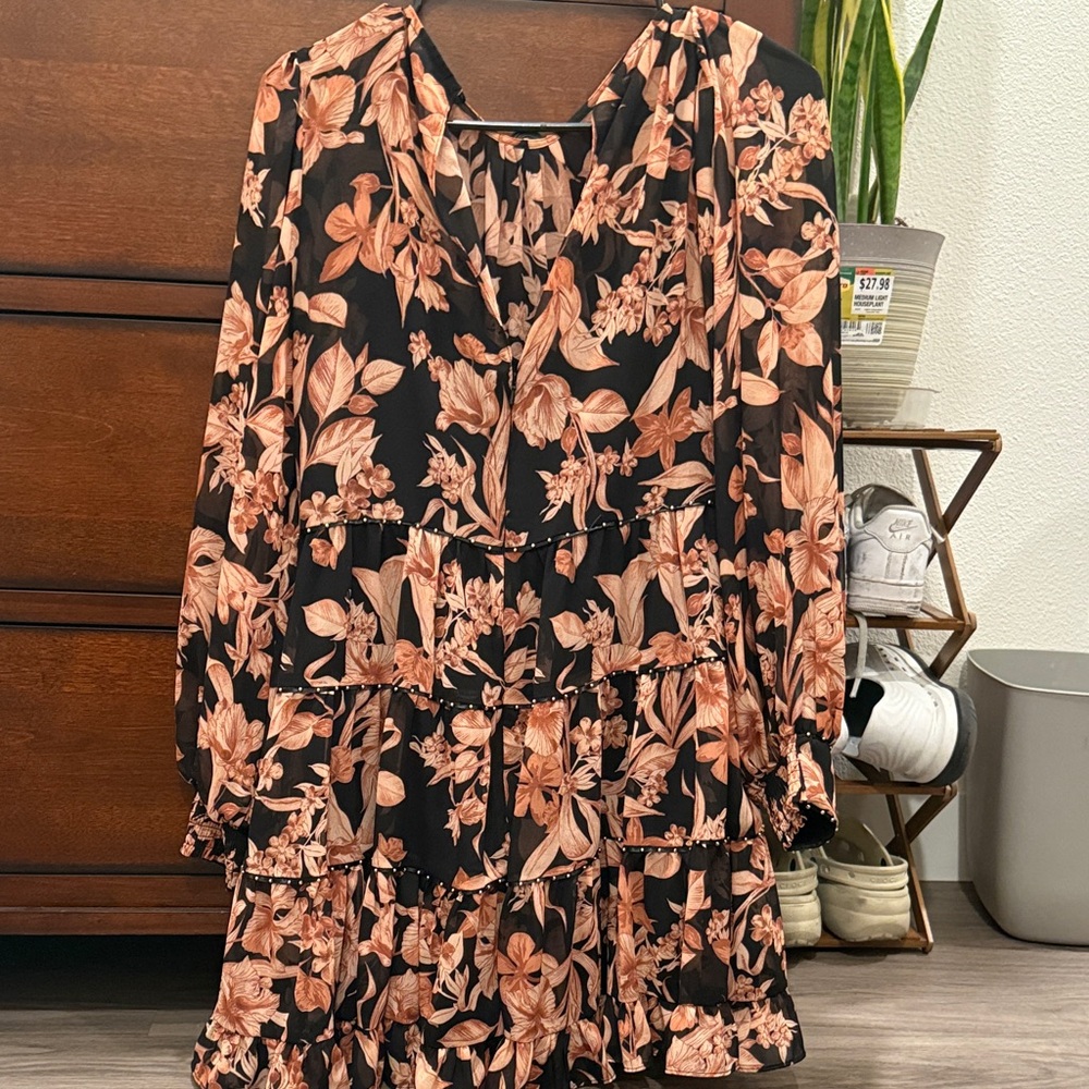 Forever New Black and Pink Floral Long Sleeve Dress
